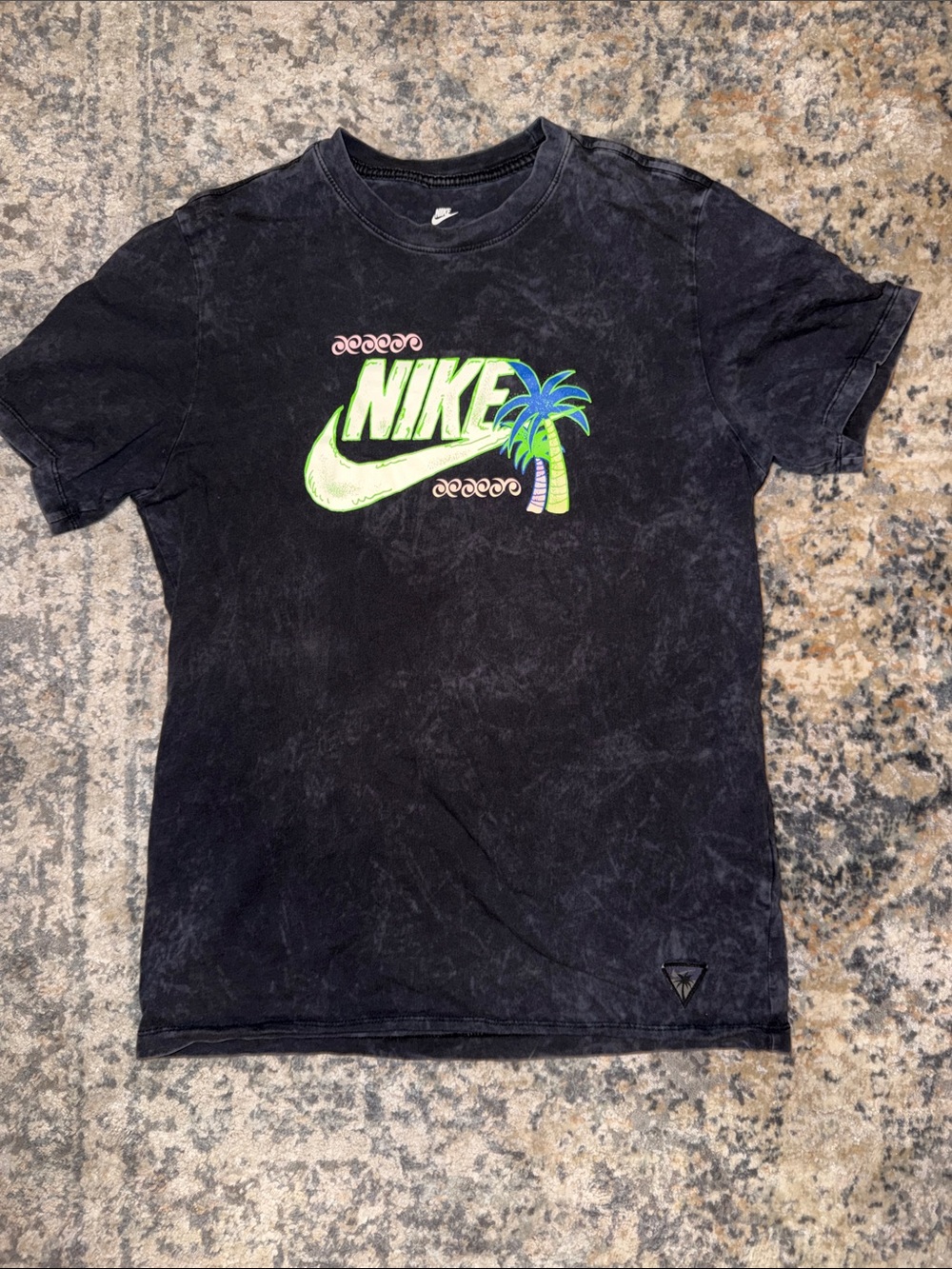 Nike Black Short Sleeve Tee with Neon Green Logo & Blue Palm